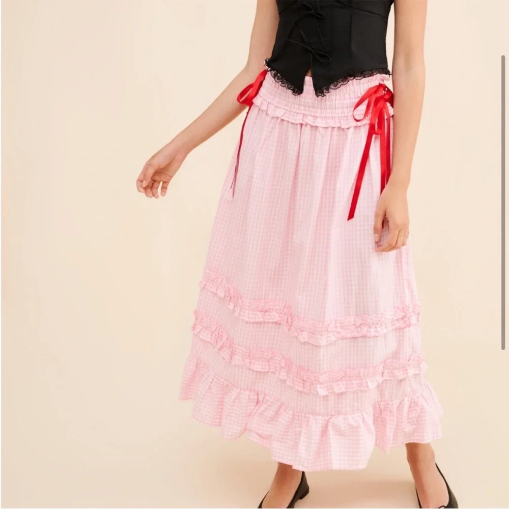 Damson Madder x Free People Pink Gingham Olivia Ruffle Midi Skirt Size 14, US 10 - Picture 16 of 16